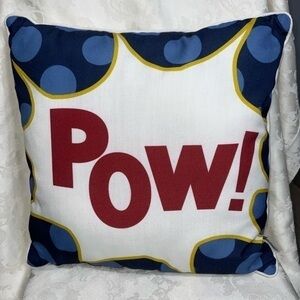 “POW”- Superhero Throw Pillow By Mario Lorenz; White With Red Blue & Yellow 17”